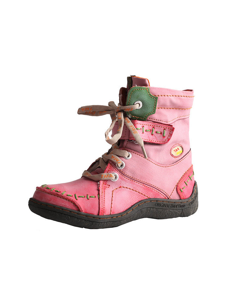 TMA EYES Mid-Calf Boots   Patchwork Leather PU Hand Stitched Lace-Up Women's