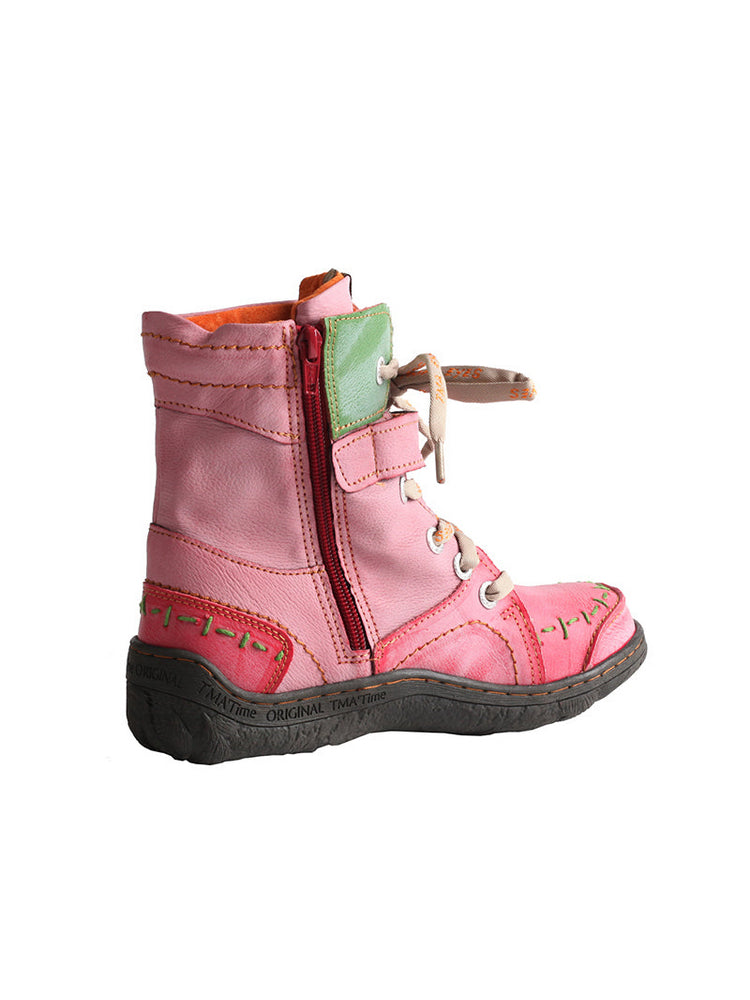 TMA EYES Mid-Calf Boots   Patchwork Leather PU Hand Stitched Lace-Up Women's