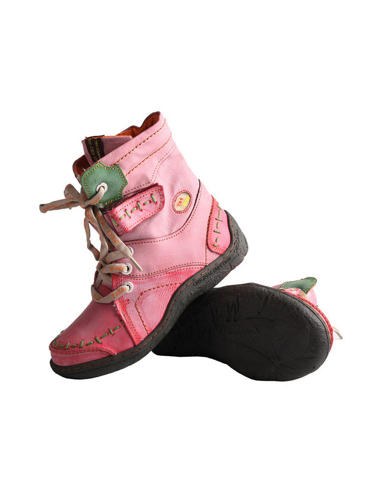 TMA EYES Mid-Calf Boots   Patchwork Leather PU Hand Stitched Lace-Up Women's