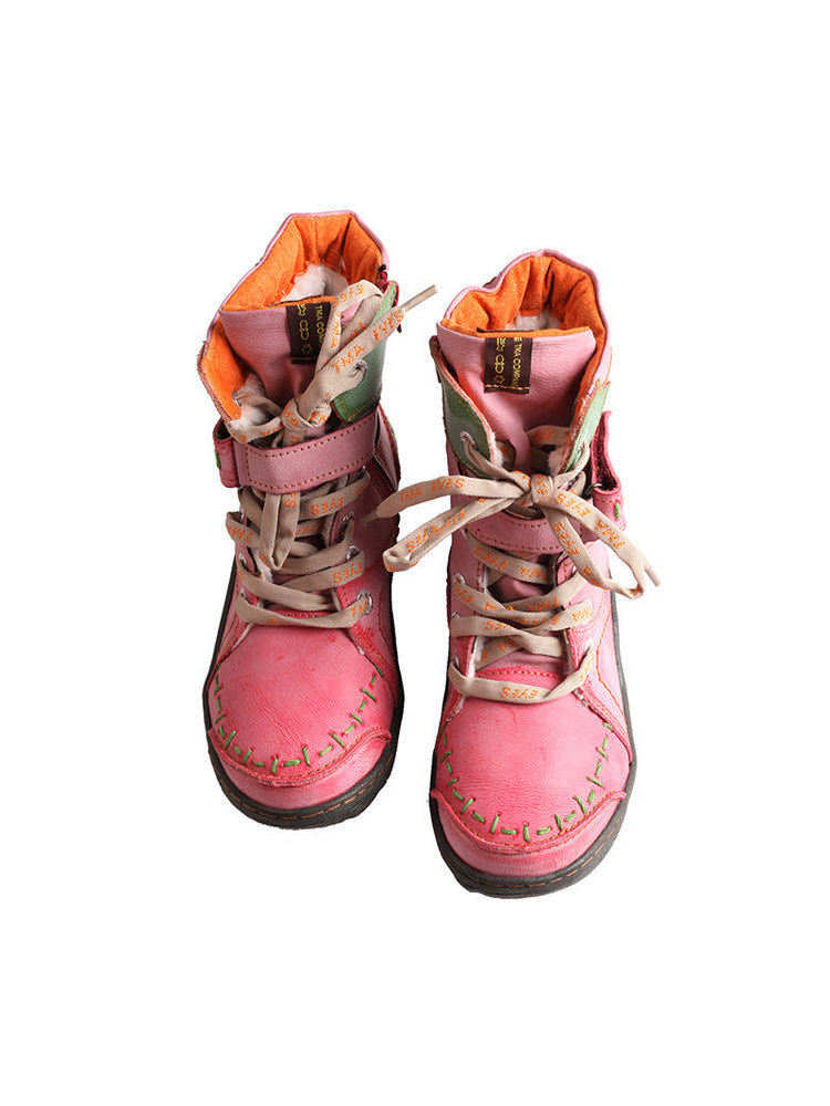TMA EYES Mid-Calf Boots   Patchwork Leather PU Hand Stitched Lace-Up Women's