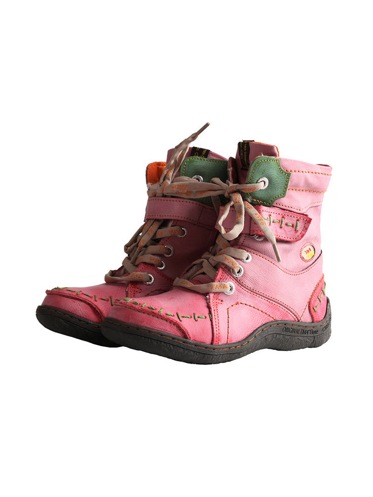 TMA EYES Mid-Calf Boots   Patchwork Leather PU Hand Stitched Lace-Up Women's