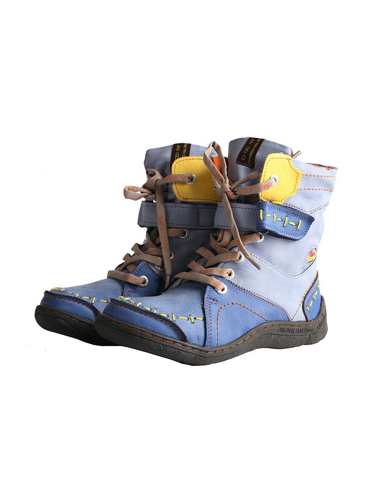 TMA EYES Mid-Calf Boots   Patchwork Leather PU Hand Stitched Lace-Up Women's