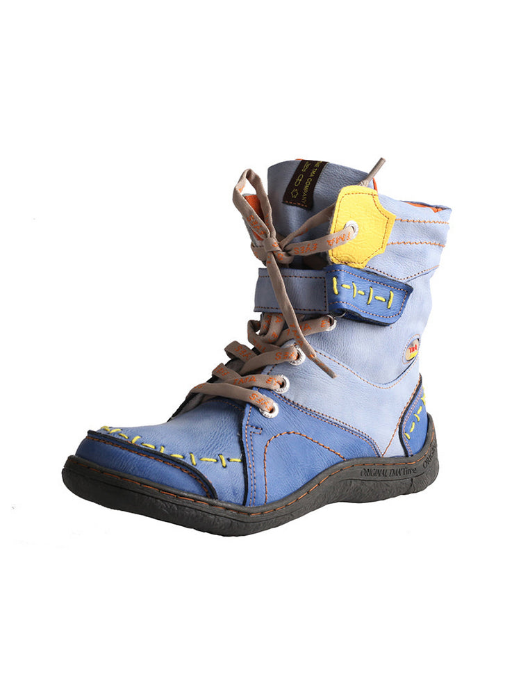 TMA EYES Mid-Calf Boots   Patchwork Leather PU Hand Stitched Lace-Up Women's