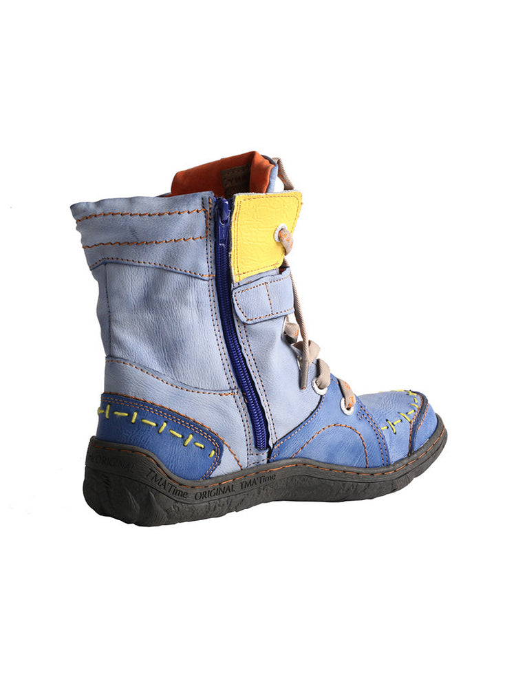 TMA EYES Mid-Calf Boots   Patchwork Leather PU Hand Stitched Lace-Up Women's