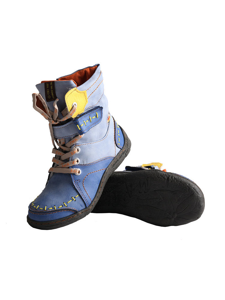 TMA EYES Mid-Calf Boots   Patchwork Leather PU Hand Stitched Lace-Up Women's