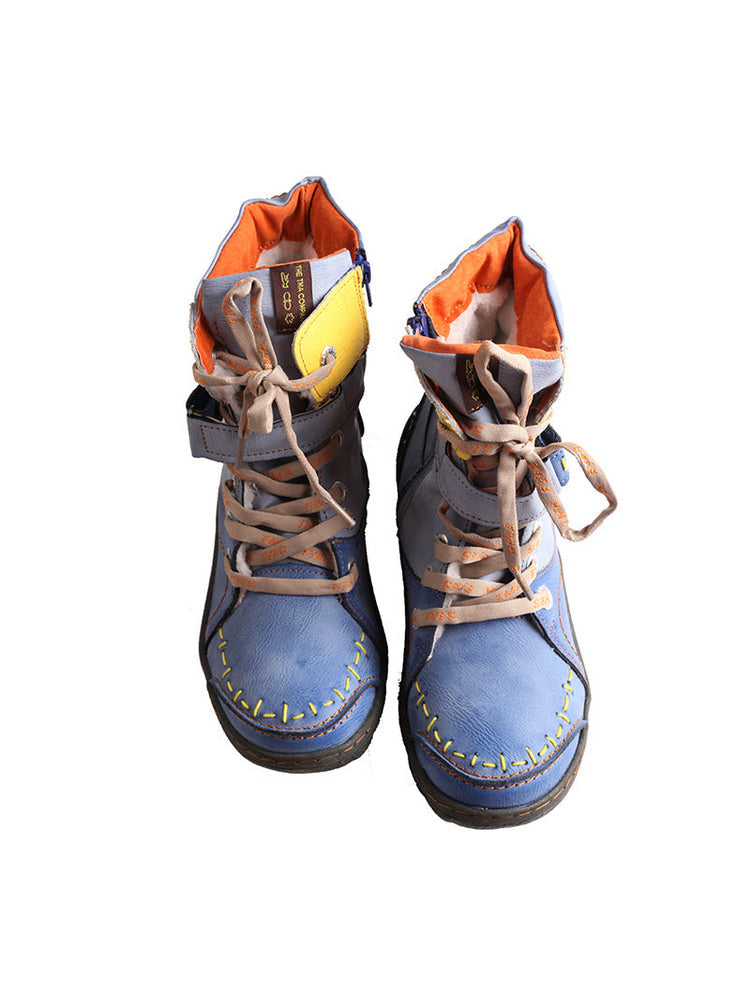 TMA EYES Mid-Calf Boots   Patchwork Leather PU Hand Stitched Lace-Up Women's