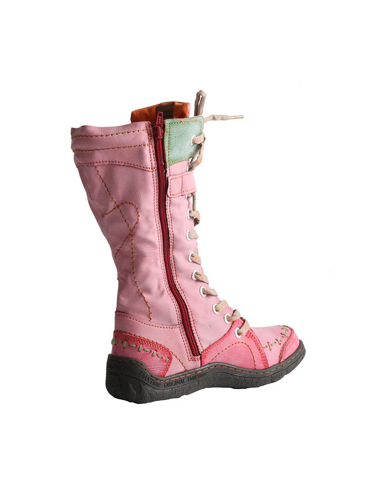 TMA EYES Faux Fur Mid-Calf Boots  Patchwork Leather/PU Hand Stitched Lace-Up