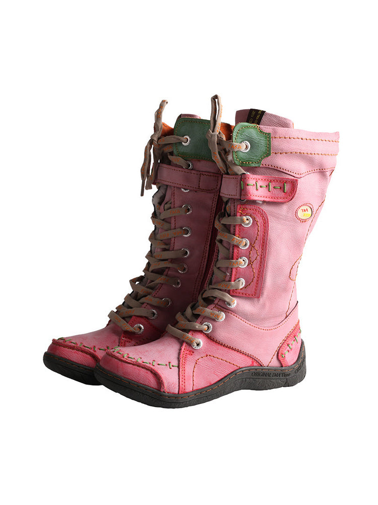 TMA EYES Faux Fur Mid-Calf Boots  Patchwork Leather/PU Hand Stitched Lace-Up