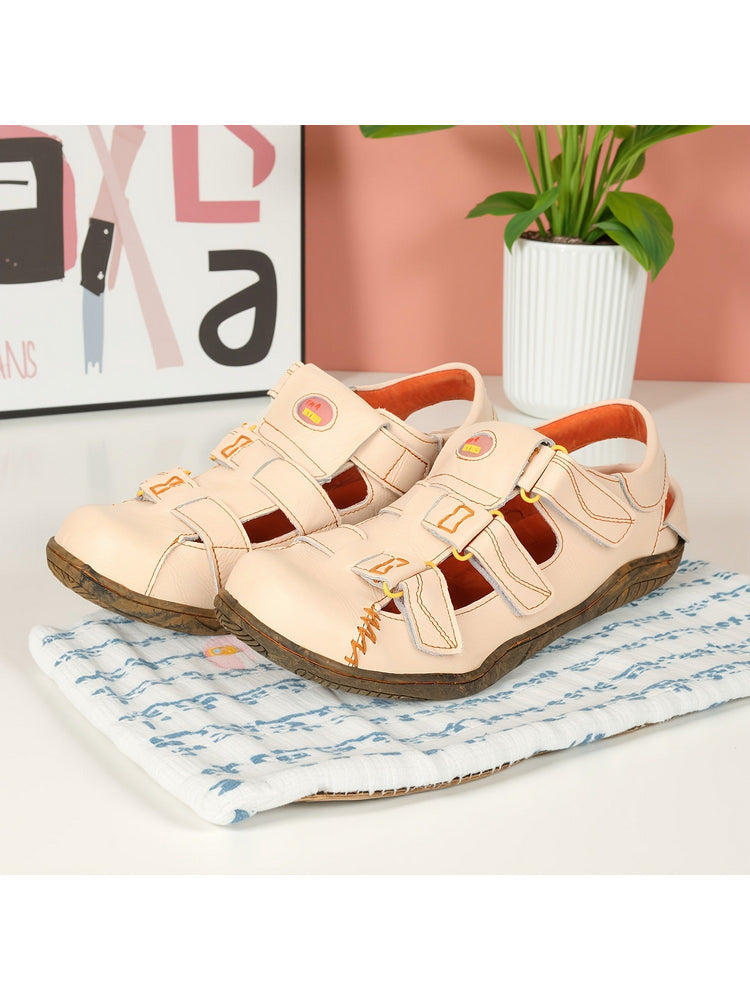 TMA EYES Women's Leather Sandals   Closed-Toe Hook & Loop Summer Comfort