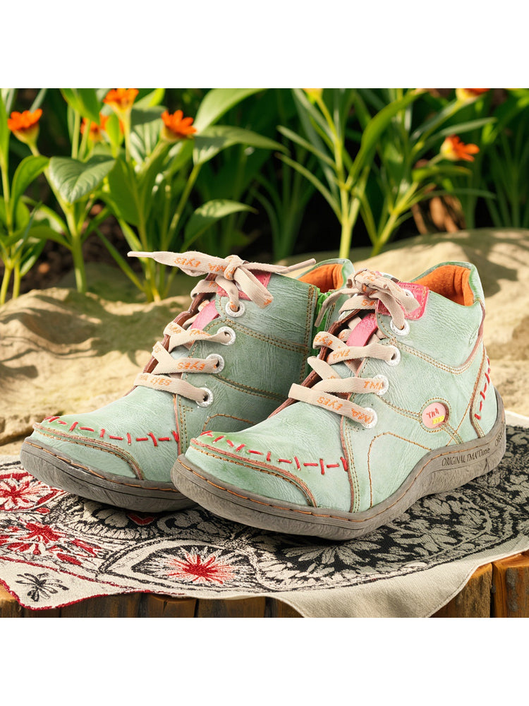 TMA EYES Handwork Leather Casual Boots  Low Heel Stitching Lace-up Women's