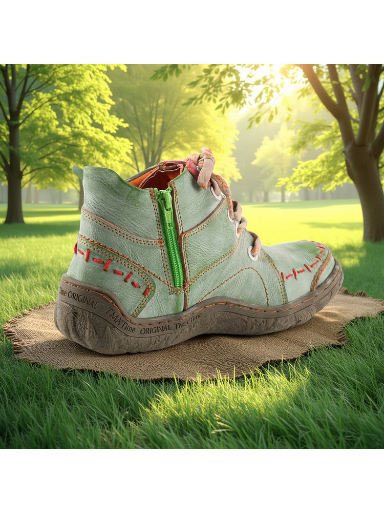 TMA EYES Handwork Leather Casual Boots  Low Heel Stitching Lace-up Women's