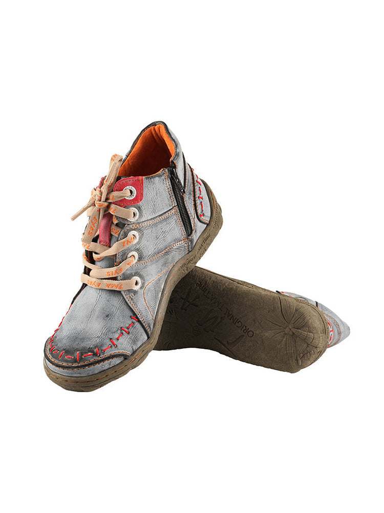 TMA EYES Handwork Leather Casual Boots  Low Heel Stitching Lace-up Women's
