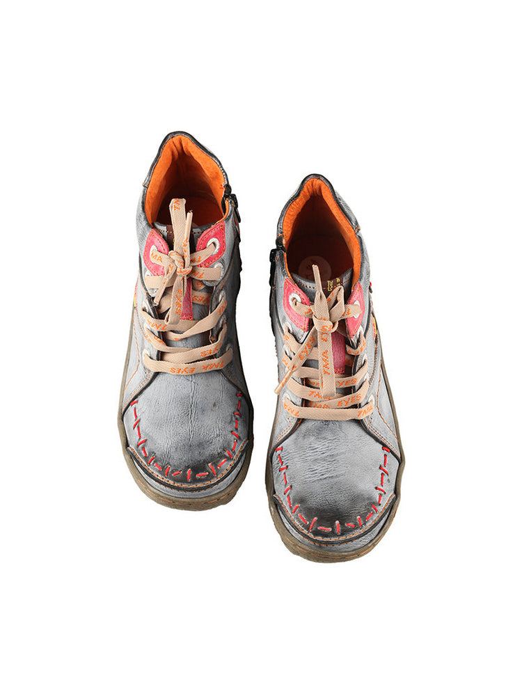 TMA EYES Handwork Leather Casual Boots  Low Heel Stitching Lace-up Women's