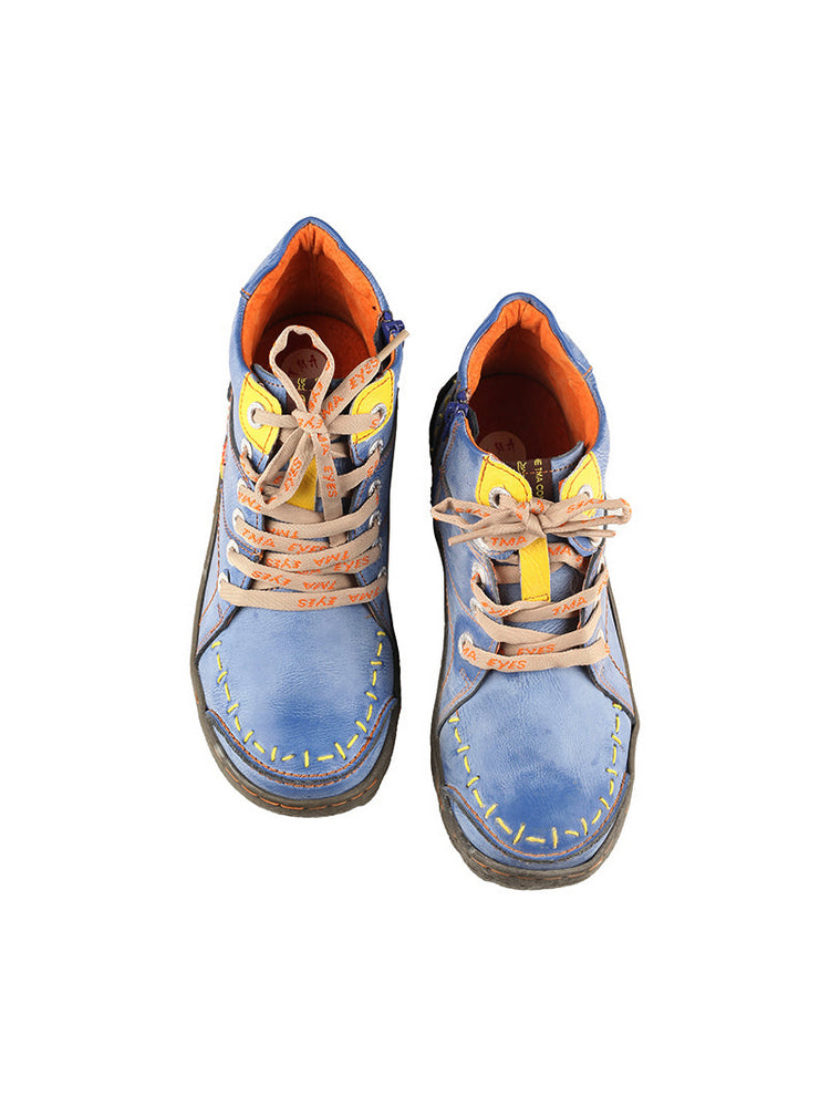 TMA EYES Handwork Leather Casual Boots  Low Heel Stitching Lace-up Women's