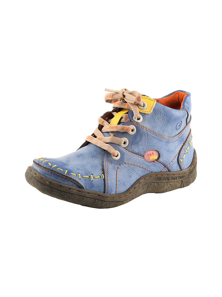 TMA EYES Handwork Leather Casual Boots  Low Heel Stitching Lace-up Women's