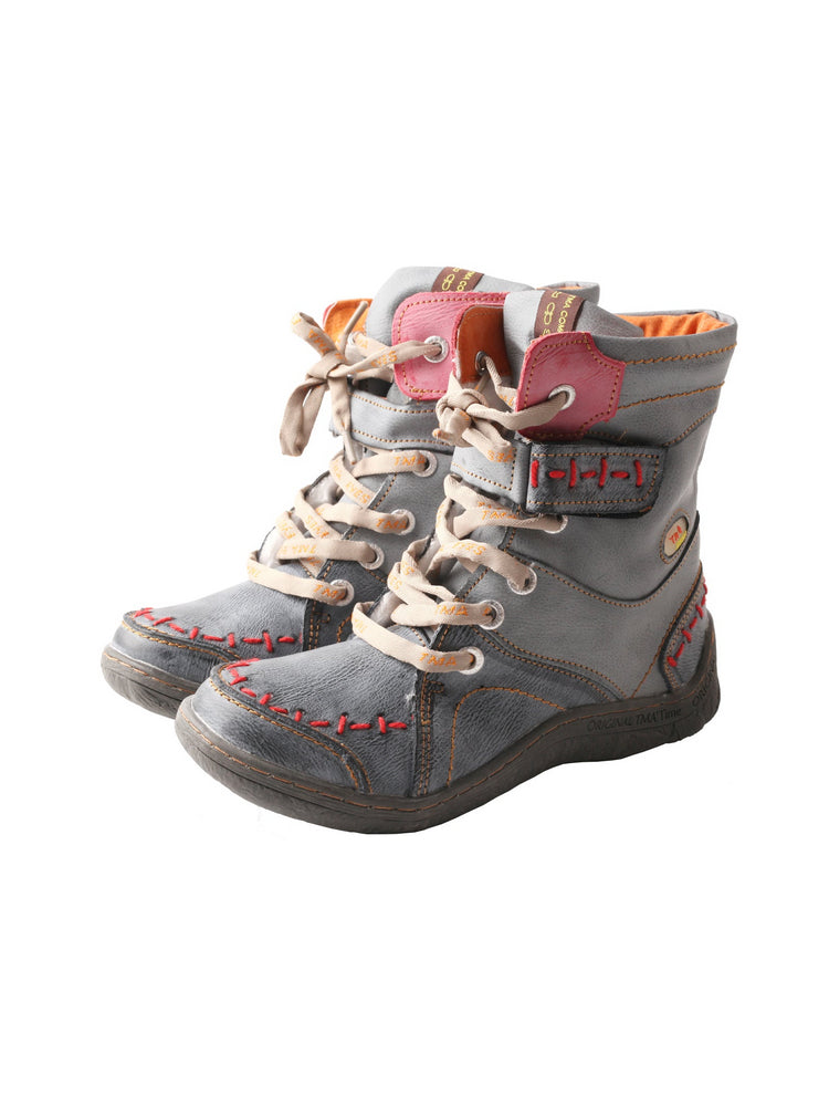 TMA EYES Mid-Calf Boots   Patchwork Leather PU Hand Stitched Lace-Up Women's