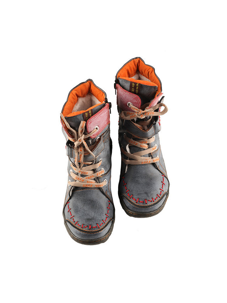TMA EYES Mid-Calf Boots   Patchwork Leather PU Hand Stitched Lace-Up Women's