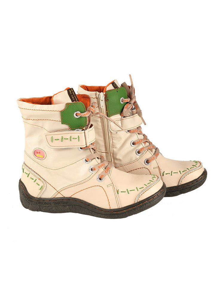 TMA EYES Mid-Calf Boots   Patchwork Leather PU Hand Stitched Lace-Up Women's