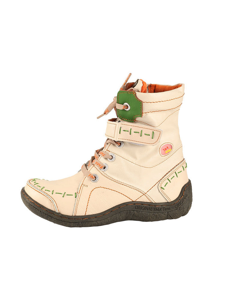 TMA EYES Mid-Calf Boots   Patchwork Leather PU Hand Stitched Lace-Up Women's