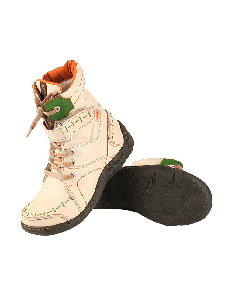 TMA EYES Mid-Calf Boots   Patchwork Leather PU Hand Stitched Lace-Up Women's