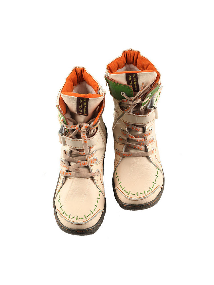 TMA EYES Mid-Calf Boots   Patchwork Leather PU Hand Stitched Lace-Up Women's
