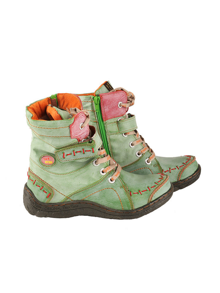 TMA EYES Mid-Calf Boots   Patchwork Leather PU Hand Stitched Lace-Up Women's