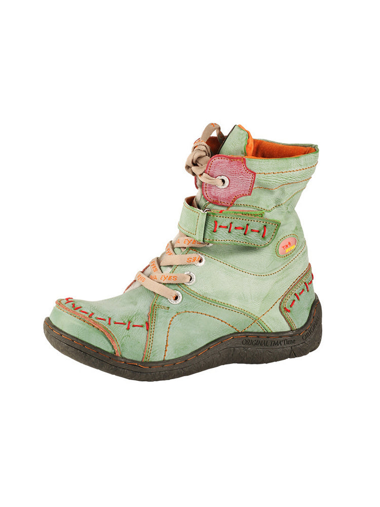 TMA EYES Mid-Calf Boots   Patchwork Leather PU Hand Stitched Lace-Up Women's