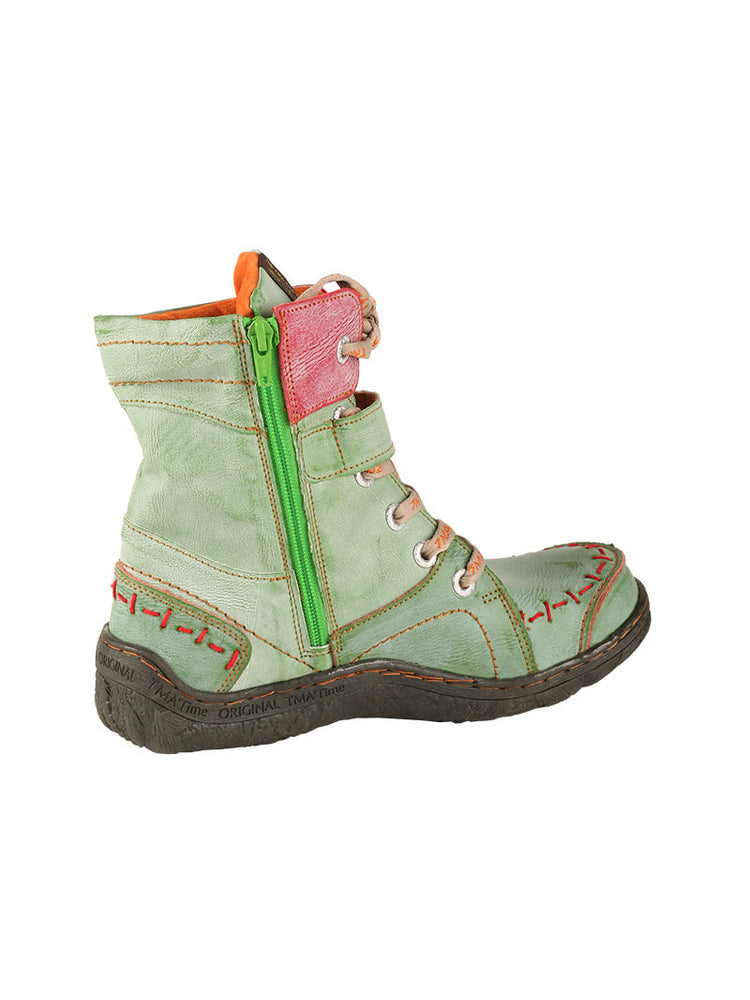 TMA EYES Mid-Calf Boots   Patchwork Leather PU Hand Stitched Lace-Up Women's