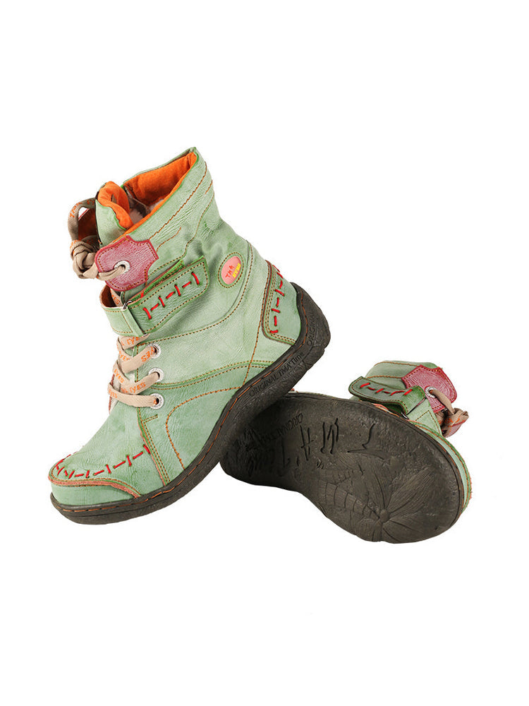 TMA EYES Mid-Calf Boots   Patchwork Leather PU Hand Stitched Lace-Up Women's