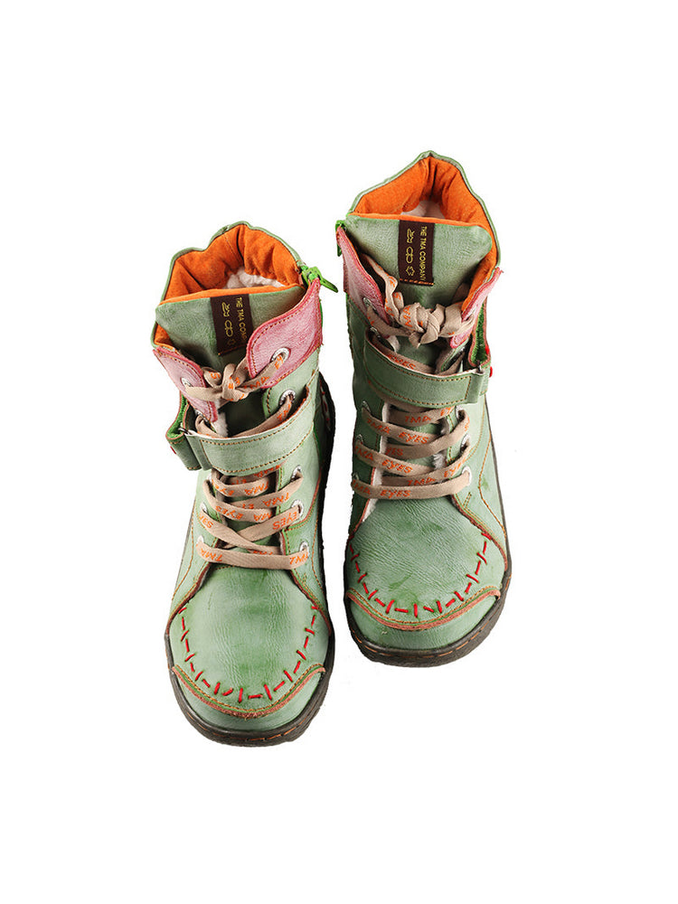 TMA EYES Mid-Calf Boots   Patchwork Leather PU Hand Stitched Lace-Up Women's