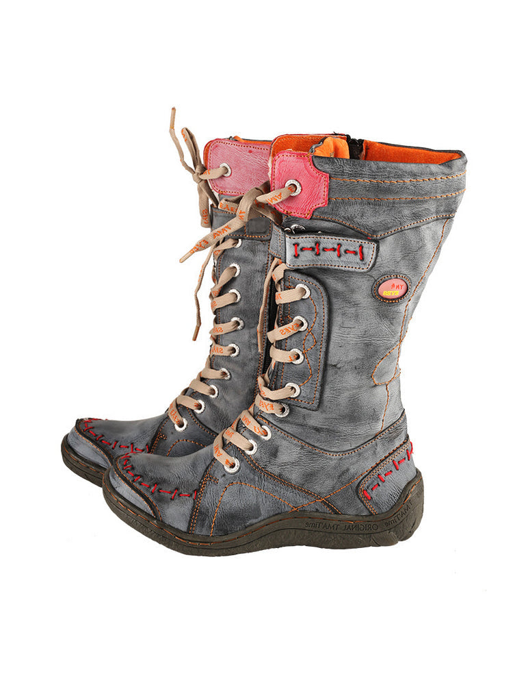 TMA EYES Faux Fur Mid-Calf Boots  Patchwork Leather/PU Hand Stitched Lace-Up