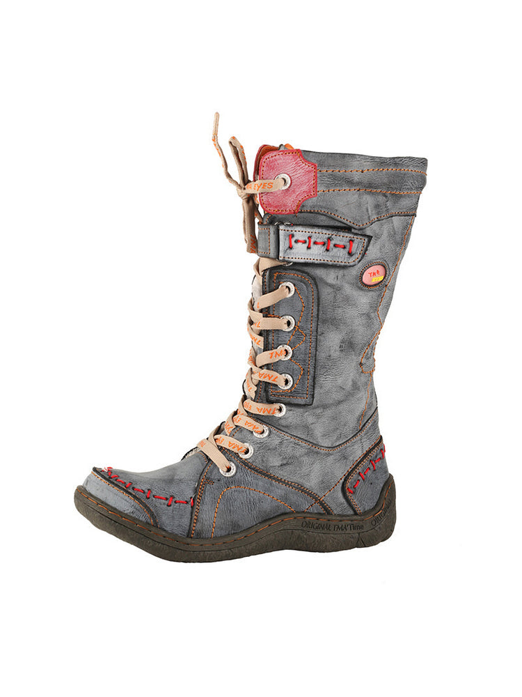 TMA EYES Faux Fur Mid-Calf Boots  Patchwork Leather/PU Hand Stitched Lace-Up