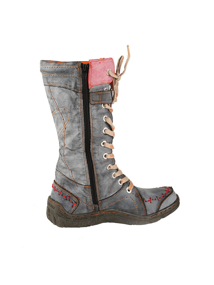 TMA EYES Faux Fur Mid-Calf Boots  Patchwork Leather/PU Hand Stitched Lace-Up