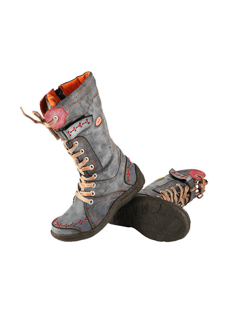 TMA EYES Faux Fur Mid-Calf Boots  Patchwork Leather/PU Hand Stitched Lace-Up