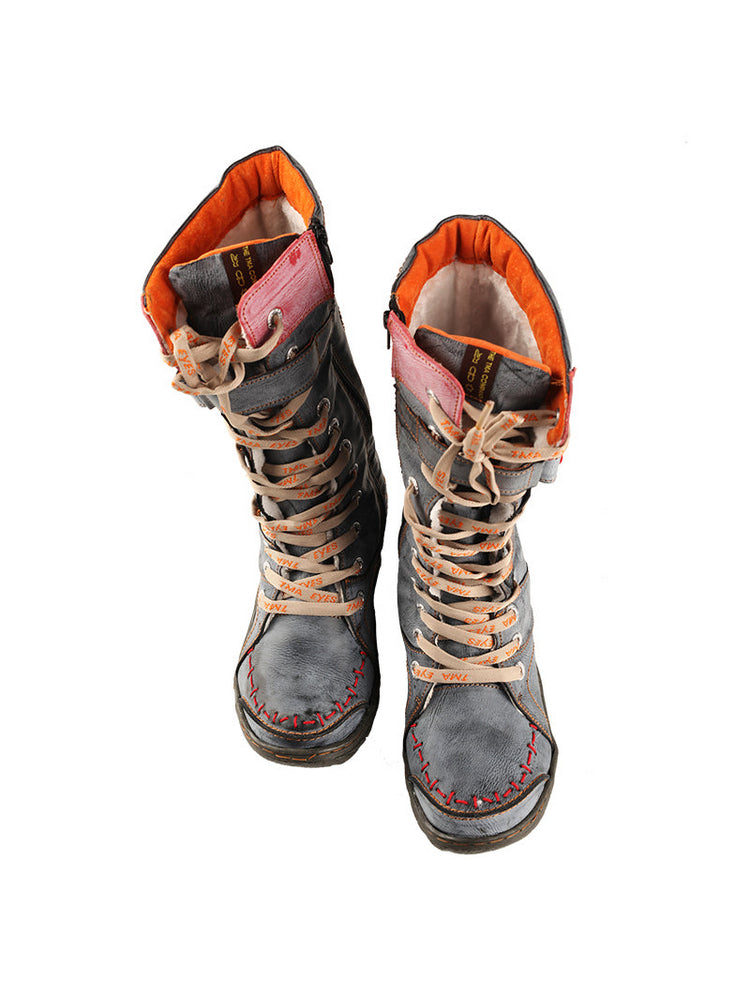 TMA EYES Faux Fur Mid-Calf Boots  Patchwork Leather/PU Hand Stitched Lace-Up