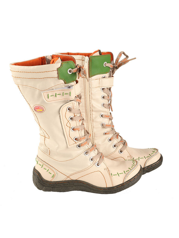 TMA EYES Faux Fur Mid-Calf Boots  Patchwork Leather/PU Hand Stitched Lace-Up