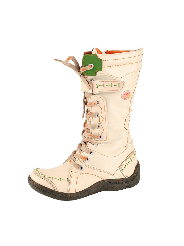 TMA EYES Faux Fur Mid-Calf Boots  Patchwork Leather/PU Hand Stitched Lace-Up