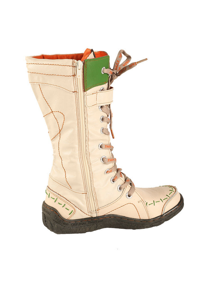 TMA EYES Faux Fur Mid-Calf Boots  Patchwork Leather/PU Hand Stitched Lace-Up