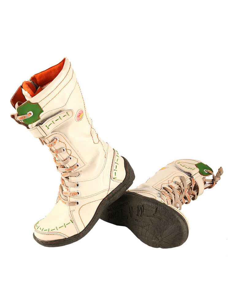TMA EYES Faux Fur Mid-Calf Boots  Patchwork Leather/PU Hand Stitched Lace-Up