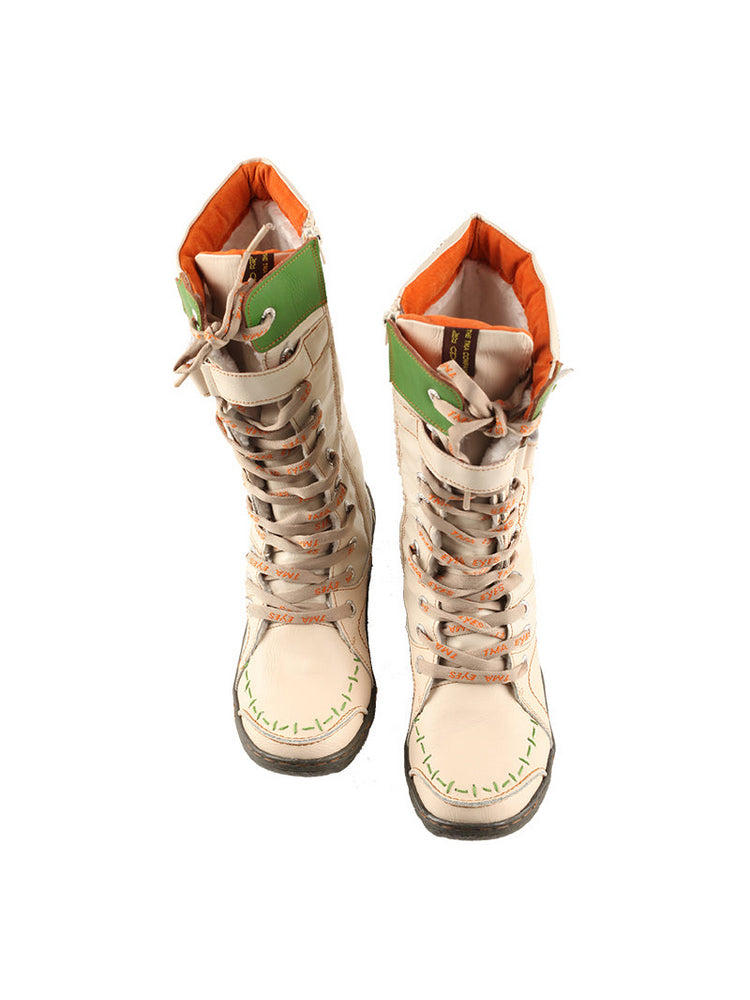 TMA EYES Faux Fur Mid-Calf Boots  Patchwork Leather/PU Hand Stitched Lace-Up