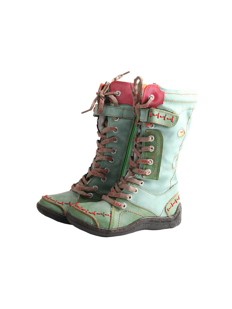 TMA EYES Faux Fur Mid-Calf Boots  Patchwork Leather/PU Hand Stitched Lace-Up