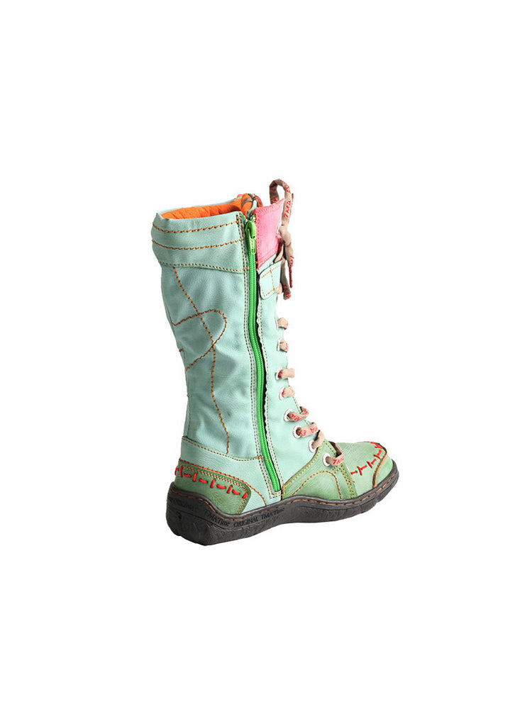 TMA EYES Faux Fur Mid-Calf Boots  Patchwork Leather/PU Hand Stitched Lace-Up