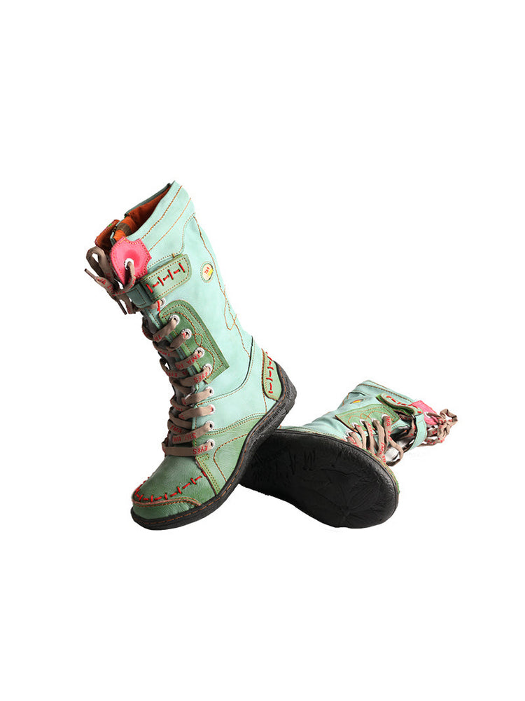 TMA EYES Faux Fur Mid-Calf Boots  Patchwork Leather/PU Hand Stitched Lace-Up