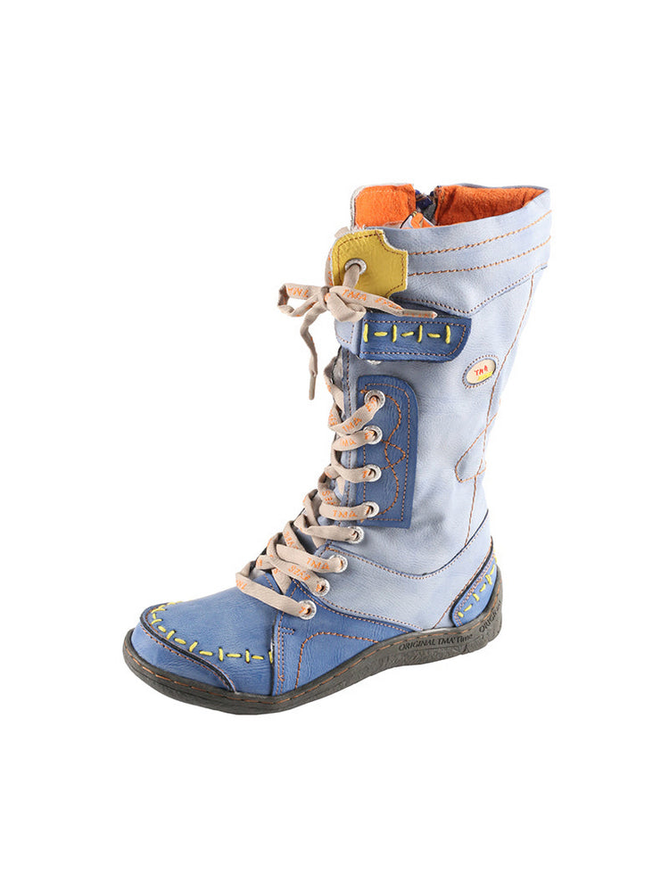 TMA EYES Faux Fur Mid-Calf Boots  Patchwork Leather/PU Hand Stitched Lace-Up