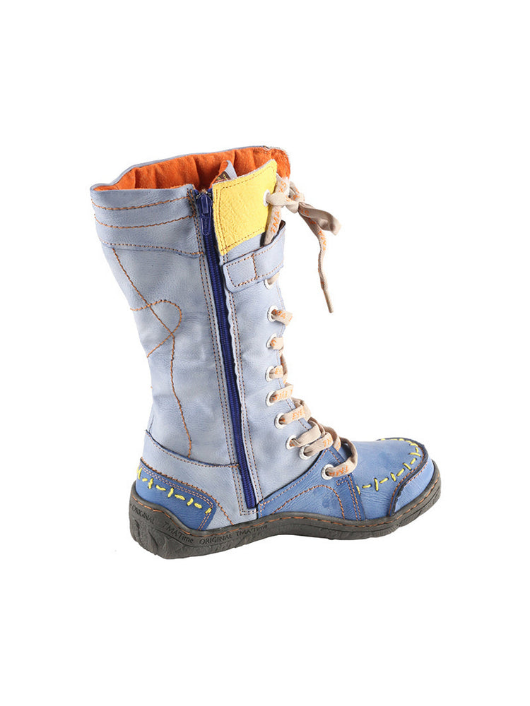 TMA EYES Faux Fur Mid-Calf Boots  Patchwork Leather/PU Hand Stitched Lace-Up