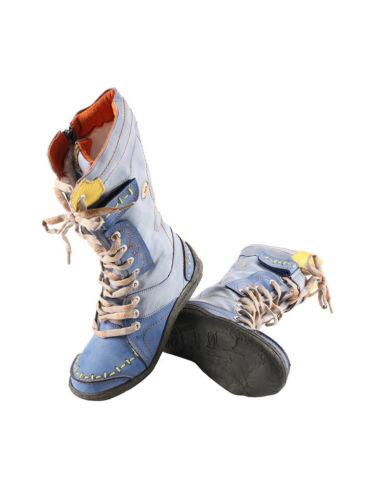 TMA EYES Faux Fur Mid-Calf Boots  Patchwork Leather/PU Hand Stitched Lace-Up