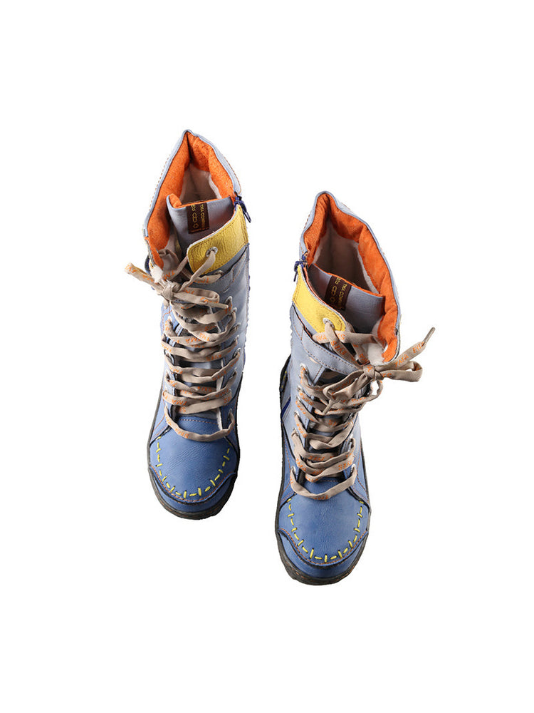 TMA EYES Faux Fur Mid-Calf Boots  Patchwork Leather/PU Hand Stitched Lace-Up