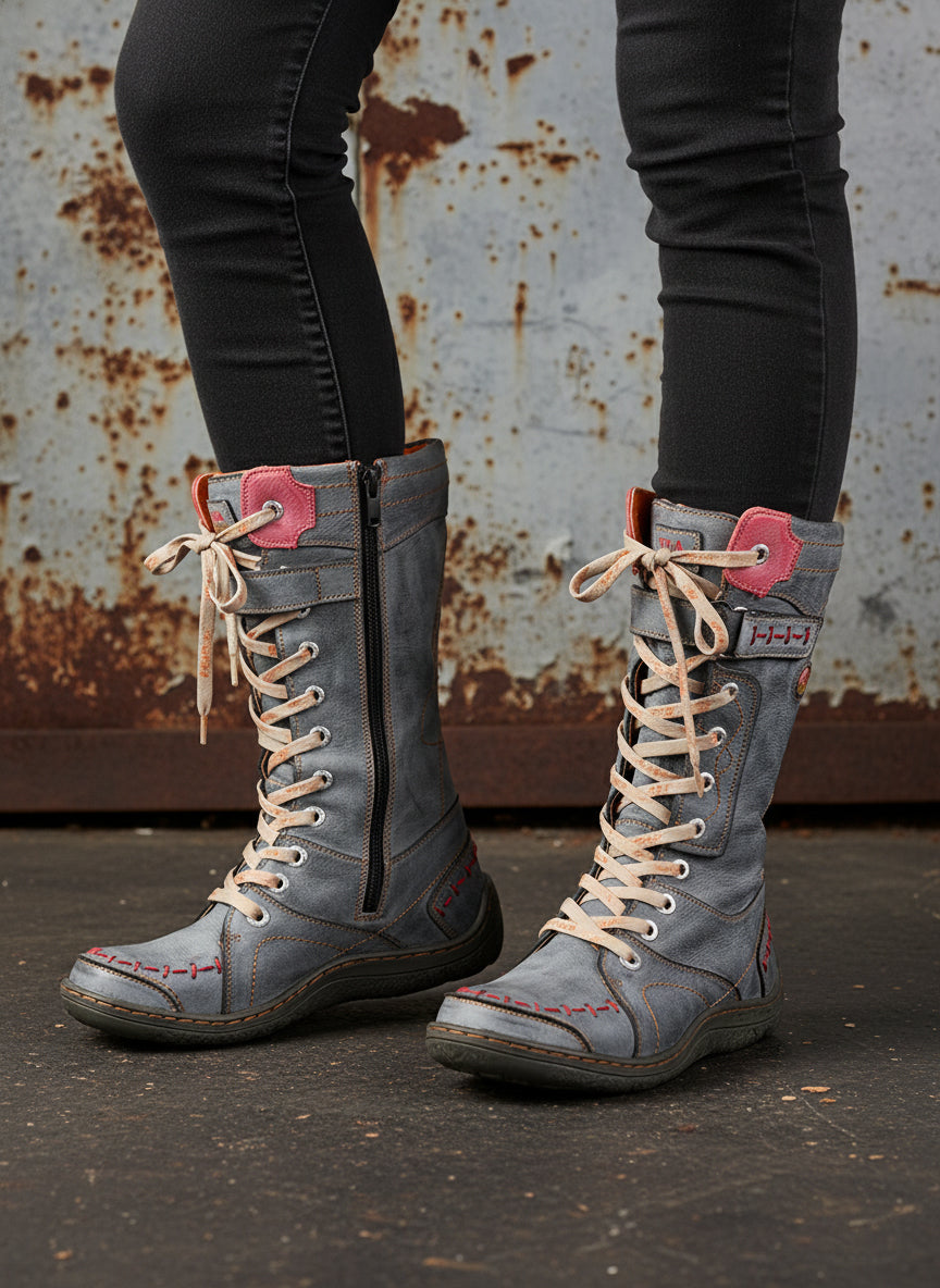 TMA EYES Faux Fur Mid-Calf Boots  Patchwork Leather/PU Hand Stitched Lace-Up