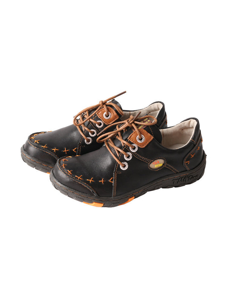 TMA EYES Top-Grain Leather Color-Block Sneakers  Hand-Stitched Casual