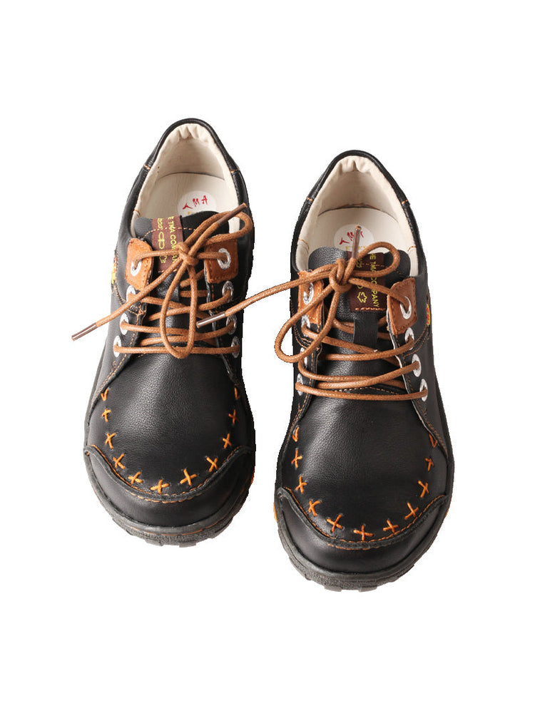 TMA EYES Top-Grain Leather Color-Block Sneakers  Hand-Stitched Casual